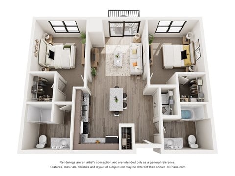 Floor plan for 2 beds, 2 baths, 998 sqft